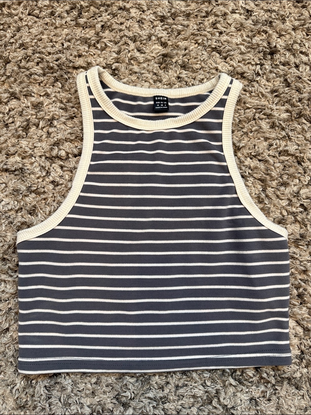 SHEIN Charcoal Gray and Cream Striped Racerback Crop Tank